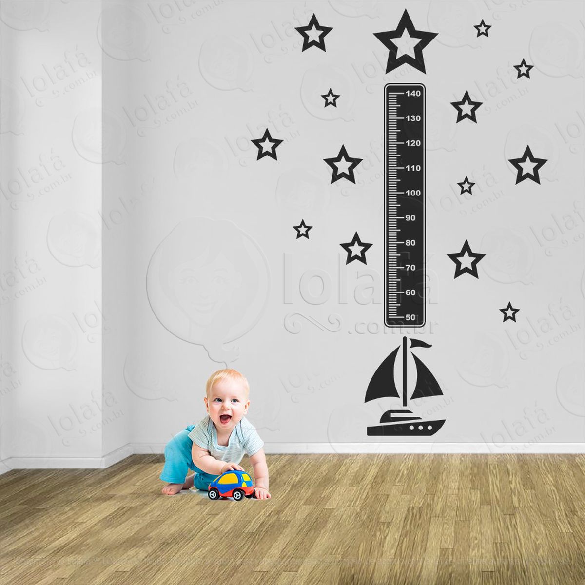 navio e estrelas adesivo régua de crescimento infantil, medidor de altura para quarto, porta e parede - mod:1144