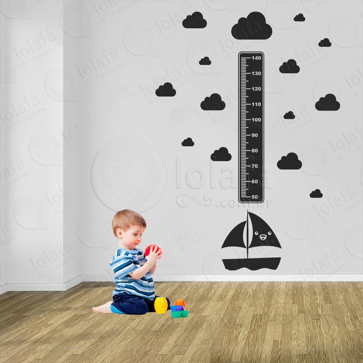 barco e nuvens adesivo régua de crescimento infantil, medidor de altura para quarto, porta e parede - mod:1146