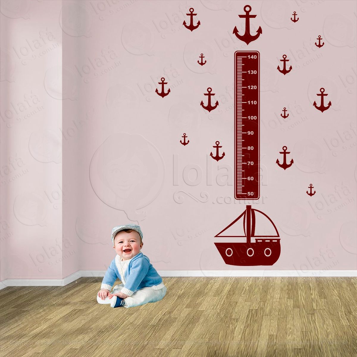 navio e Âncoras adesivo régua de crescimento infantil, medidor de altura para quarto, porta e parede - mod:1148