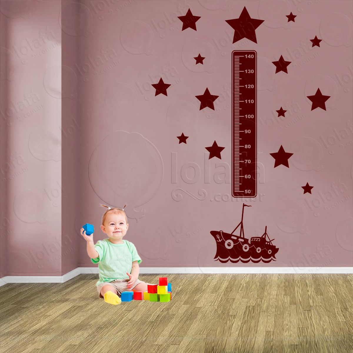 navio e estrelas adesivo régua de crescimento infantil, medidor de altura para quarto, porta e parede - mod:1150