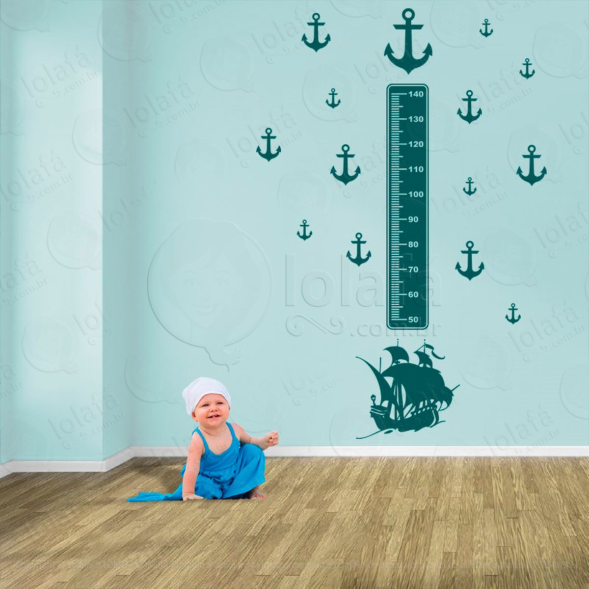 navio e Âncoras adesivo régua de crescimento infantil, medidor de altura para quarto, porta e parede - mod:1152