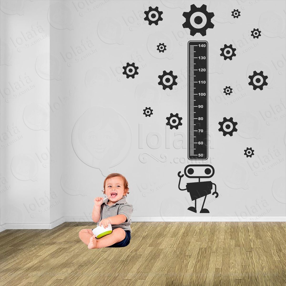 robô e engrenagens adesivo régua de crescimento infantil, medidor de altura para quarto, porta e parede - mod:1212