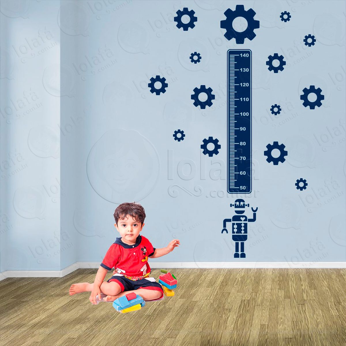 robô e engrenagens adesivo régua de crescimento infantil, medidor de altura para quarto, porta e parede - mod:1213