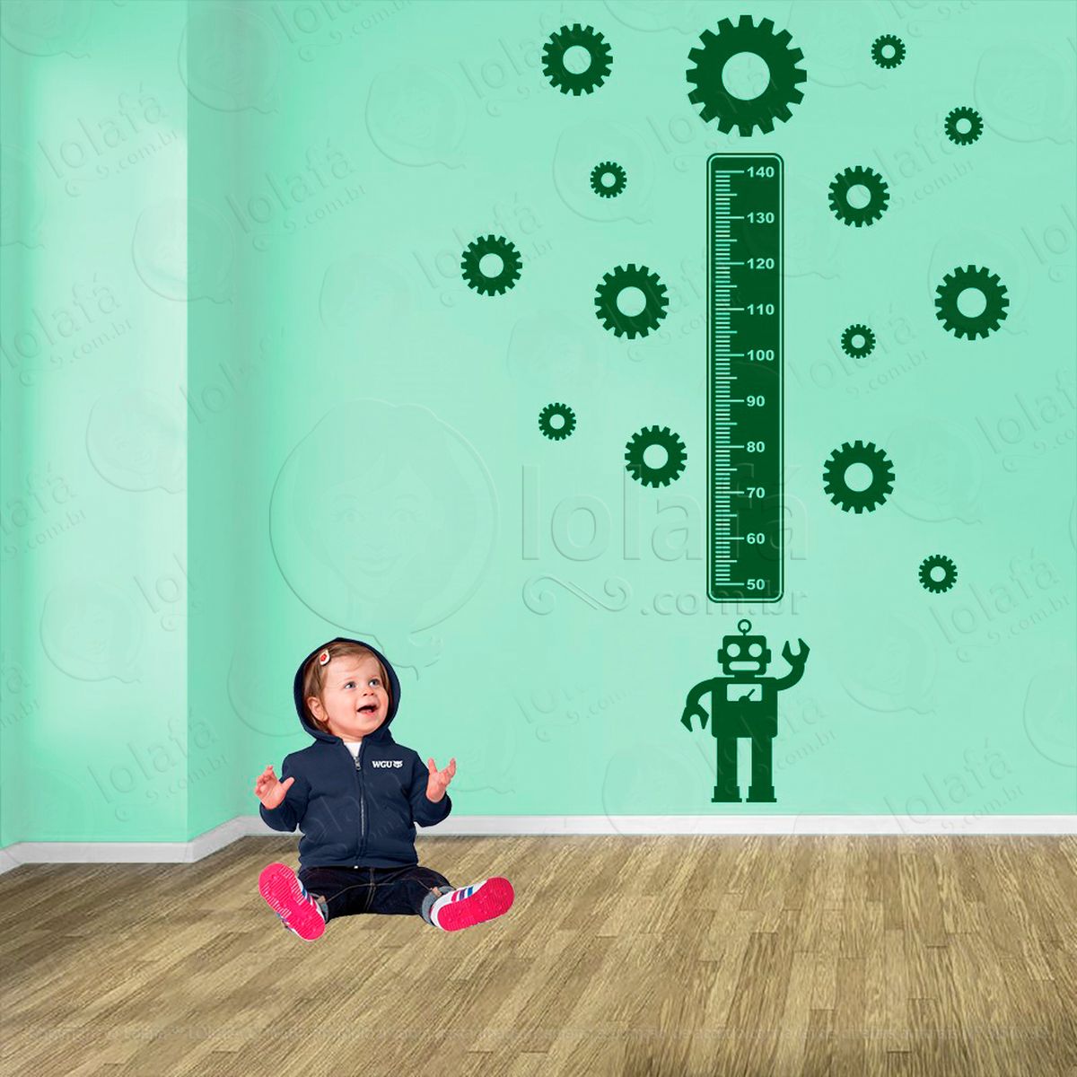 robô e engrenagens adesivo régua de crescimento infantil, medidor de altura para quarto, porta e parede - mod:1215
