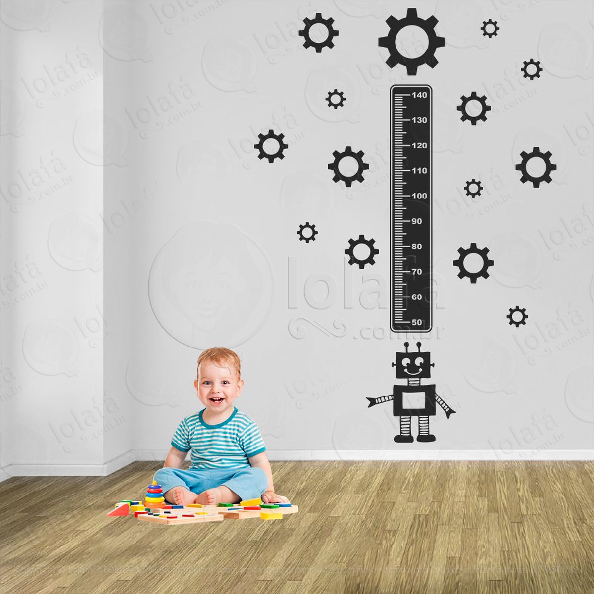 robô e engrenagens adesivo régua de crescimento infantil, medidor de altura para quarto, porta e parede - mod:1218