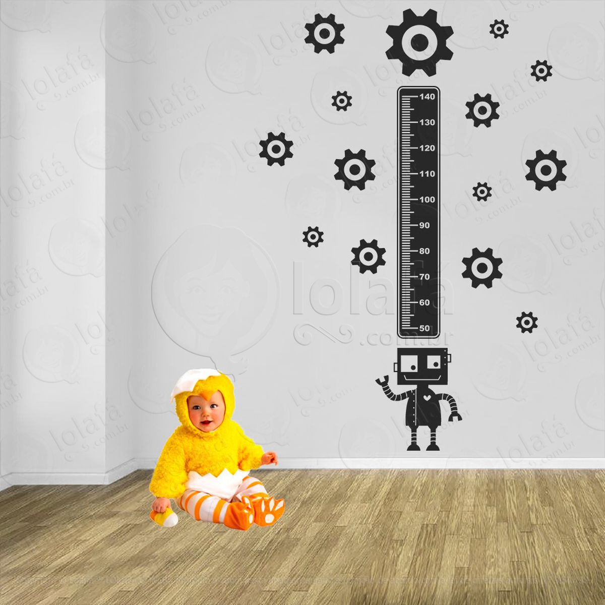 robô e engrenagens adesivo régua de crescimento infantil, medidor de altura para quarto, porta e parede - mod:1220
