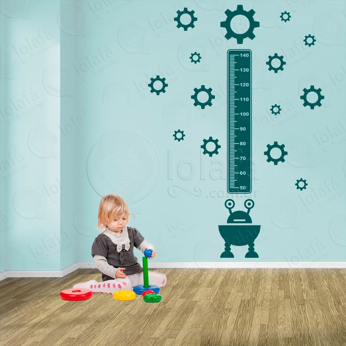robô e engrenagens adesivo régua de crescimento infantil, medidor de altura para quarto, porta e parede - mod:1226