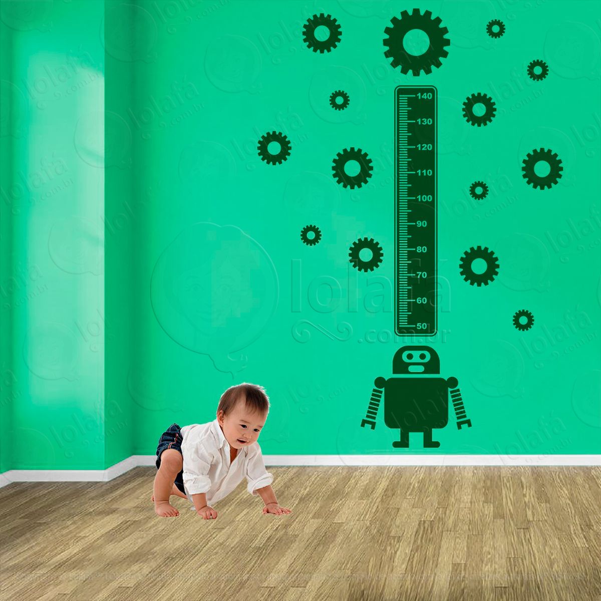 robô e engrenagens adesivo régua de crescimento infantil, medidor de altura para quarto, porta e parede - mod:1227