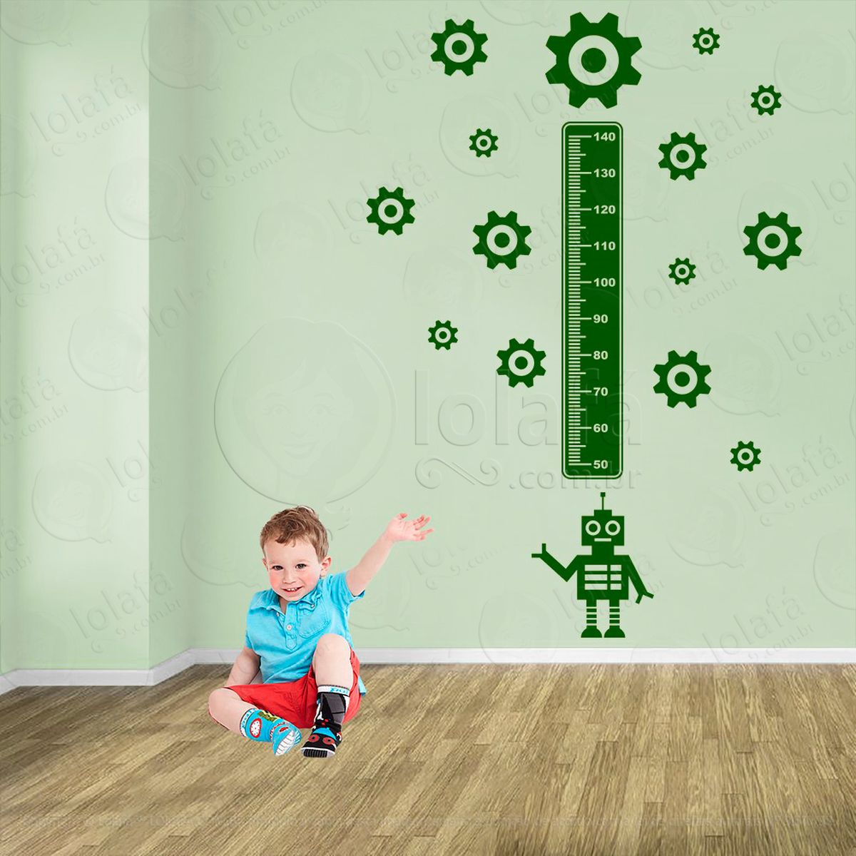 robô e engrenagens adesivo régua de crescimento infantil, medidor de altura para quarto, porta e parede - mod:1228