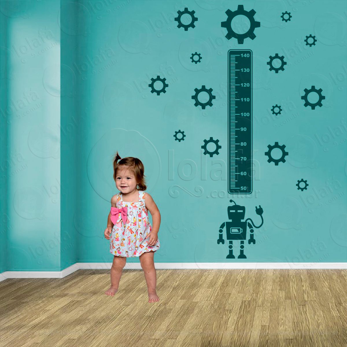 robô e engrenagens adesivo régua de crescimento infantil, medidor de altura para quarto, porta e parede - mod:1230