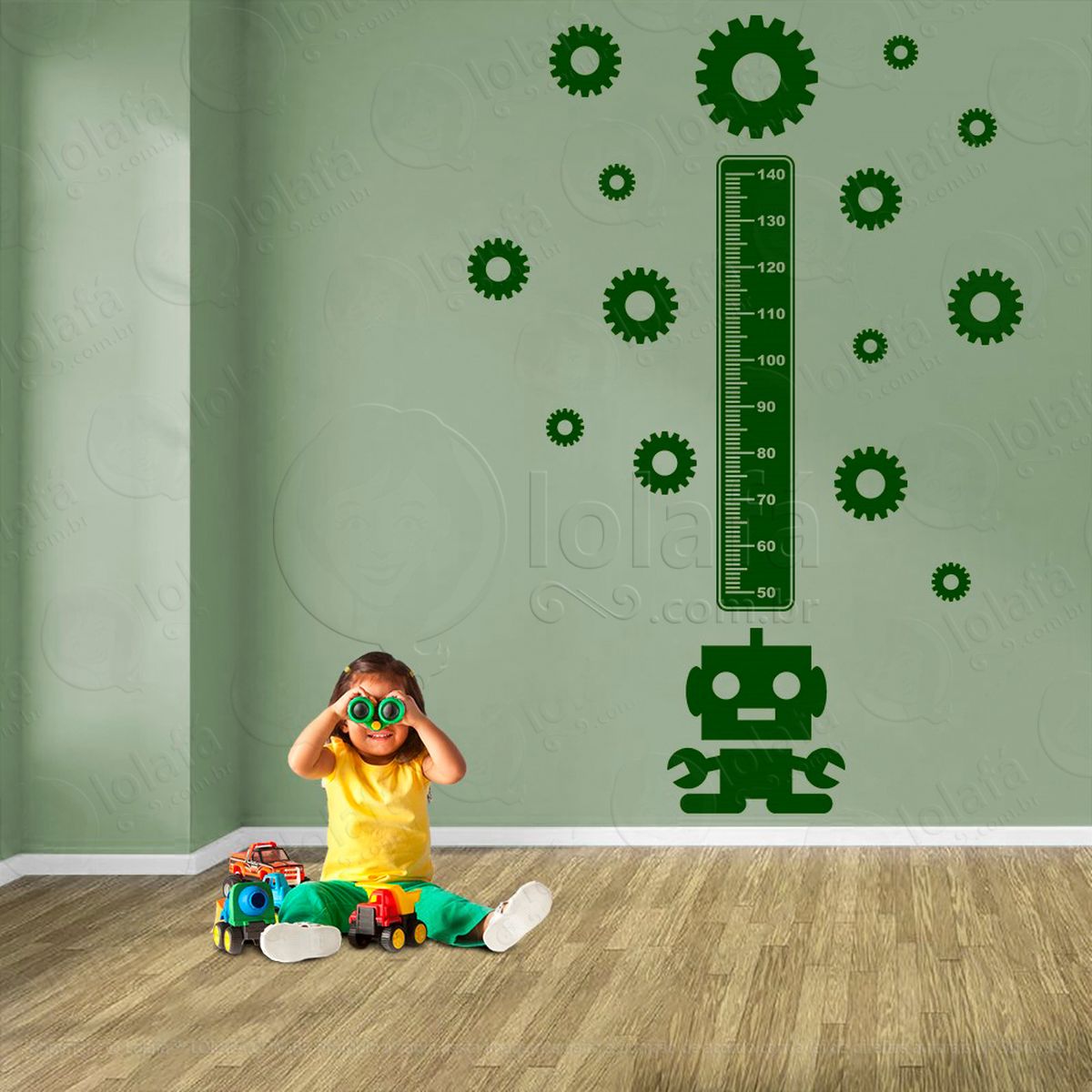robô e engrenagens adesivo régua de crescimento infantil, medidor de altura para quarto, porta e parede - mod:1231