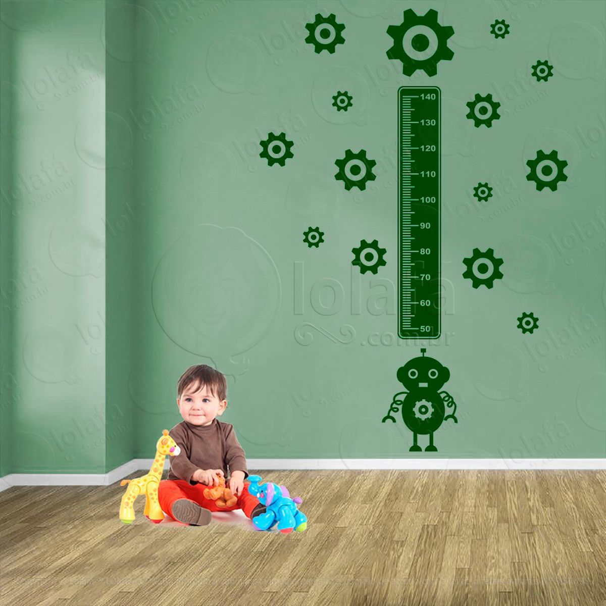 robô e engrenagens adesivo régua de crescimento infantil, medidor de altura para quarto, porta e parede - mod:1232