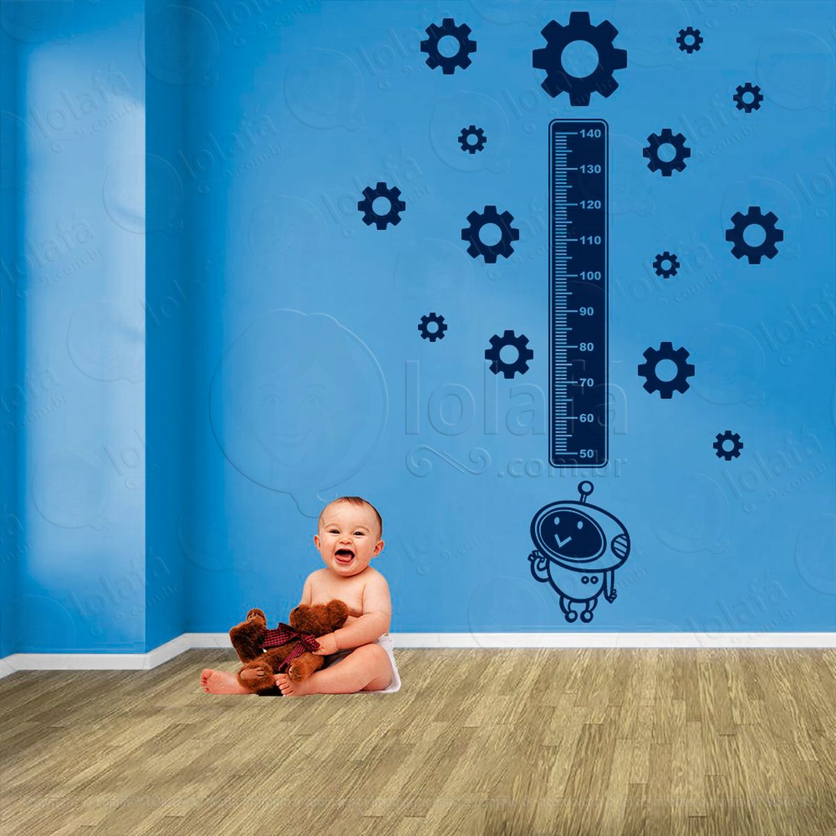 robô e engrenagens adesivo régua de crescimento infantil, medidor de altura para quarto, porta e parede - mod:1233
