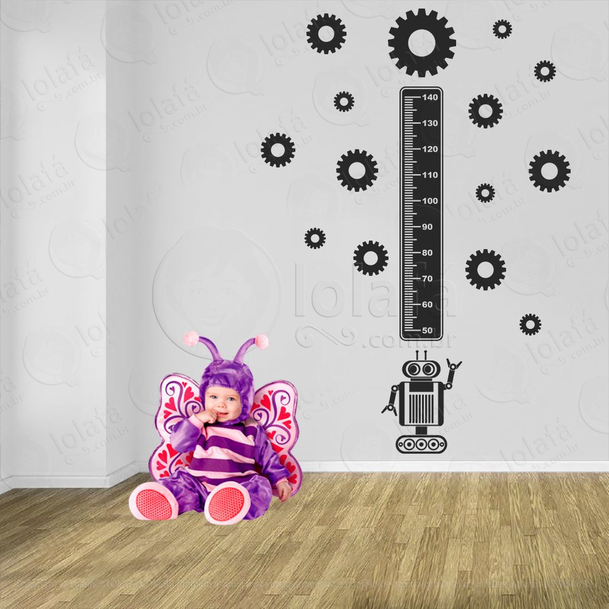 robô e engrenagens adesivo régua de crescimento infantil, medidor de altura para quarto, porta e parede - mod:1235