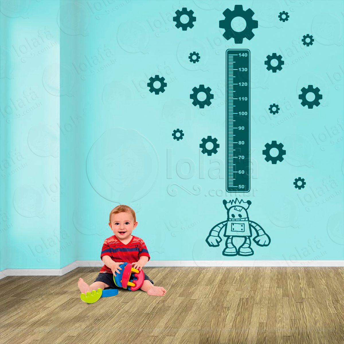 robô e engrenagens adesivo régua de crescimento infantil, medidor de altura para quarto, porta e parede - mod:1237