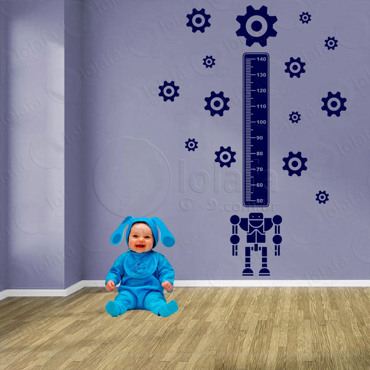 robô e engrenagens adesivo régua de crescimento infantil, medidor de altura para quarto, porta e parede - mod:1240