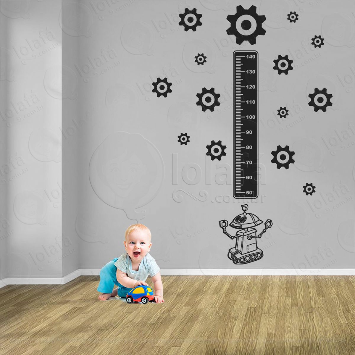 robô e engrenagens adesivo régua de crescimento infantil, medidor de altura para quarto, porta e parede - mod:1244