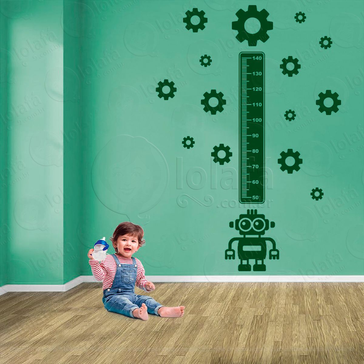 robô e engrenagens adesivo régua de crescimento infantil, medidor de altura para quarto, porta e parede - mod:1245