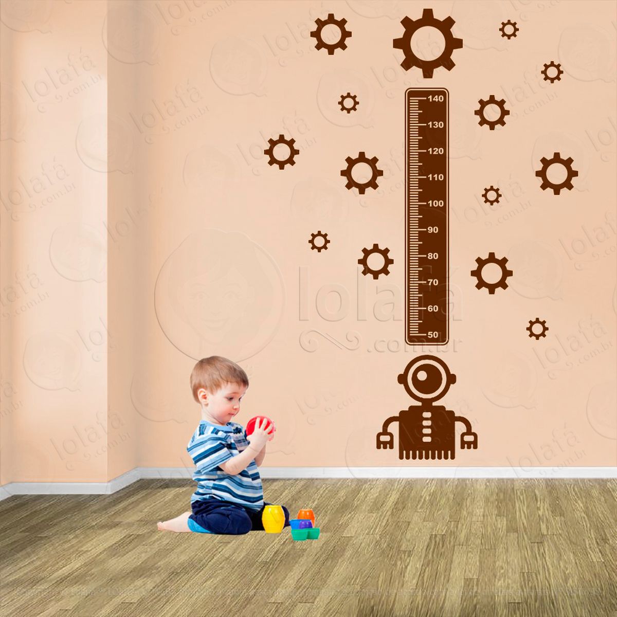 robô e engrenagens adesivo régua de crescimento infantil, medidor de altura para quarto, porta e parede - mod:1246