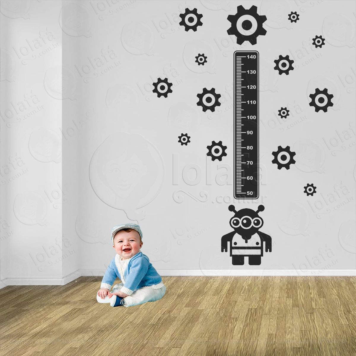 robô e engrenagens adesivo régua de crescimento infantil, medidor de altura para quarto, porta e parede - mod:1248