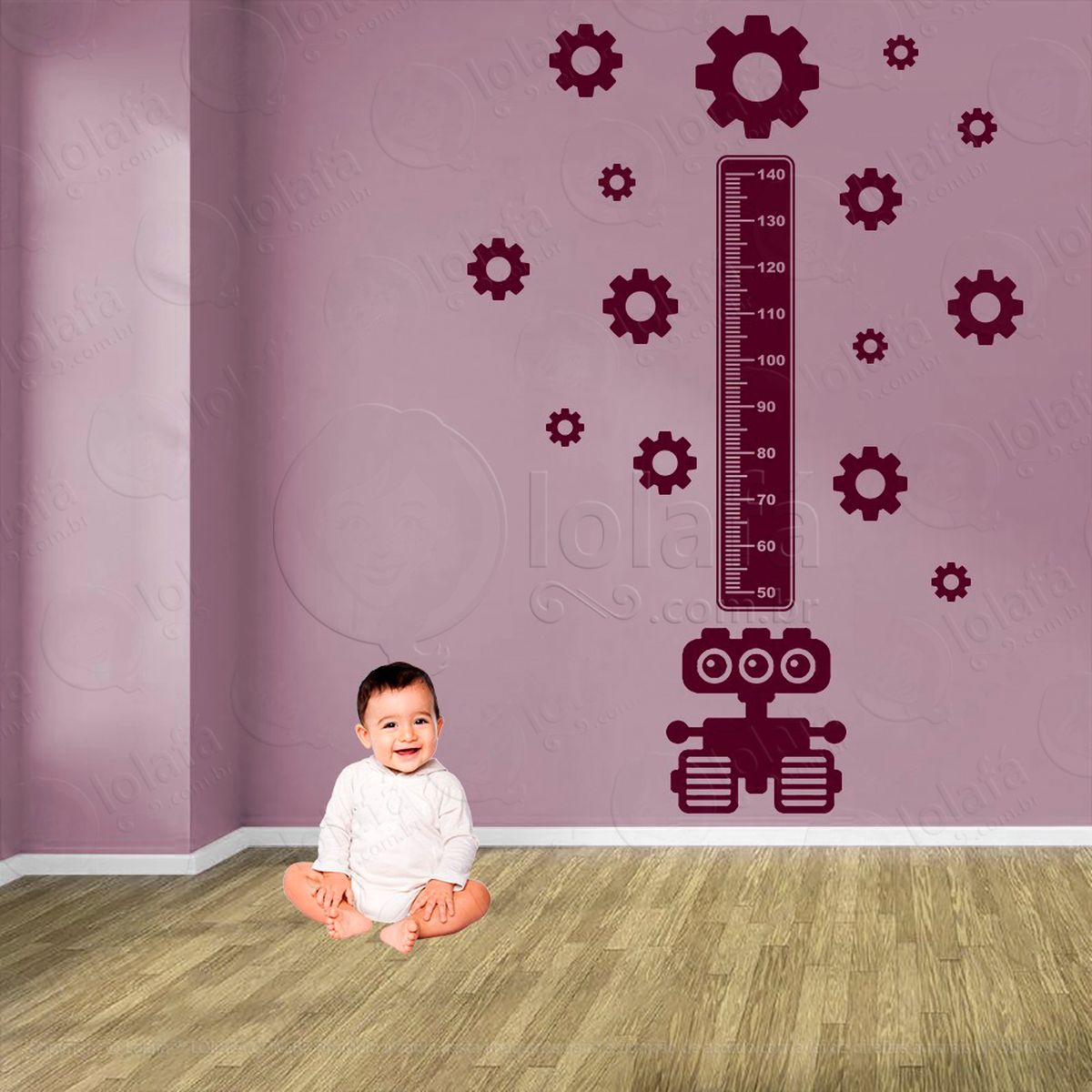 robô e engrenagens adesivo régua de crescimento infantil, medidor de altura para quarto, porta e parede - mod:1249