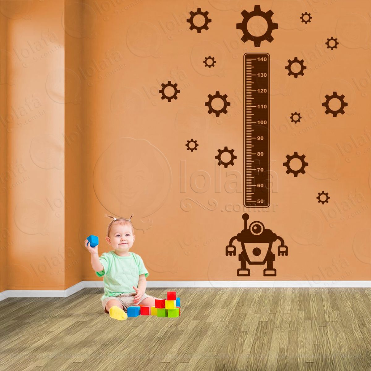 robô e engrenagens adesivo régua de crescimento infantil, medidor de altura para quarto, porta e parede - mod:1250