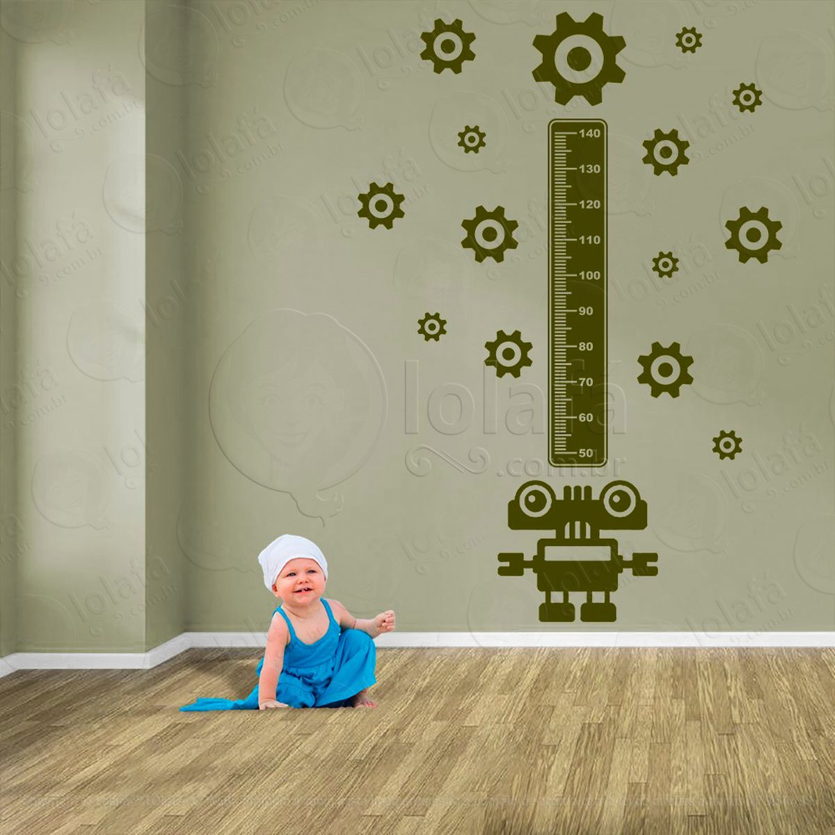 robô e engrenagens adesivo régua de crescimento infantil, medidor de altura para quarto, porta e parede - mod:1252