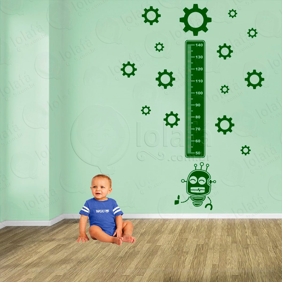 robô e engrenagens adesivo régua de crescimento infantil, medidor de altura para quarto, porta e parede - mod:1254