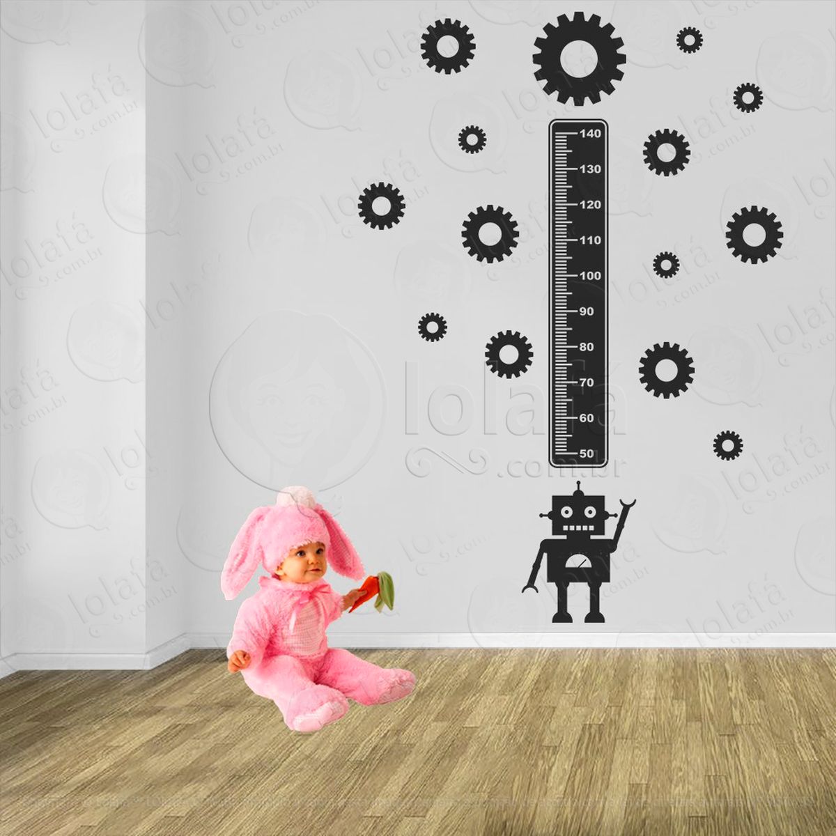 robô e engrenagens adesivo régua de crescimento infantil, medidor de altura para quarto, porta e parede - mod:1255