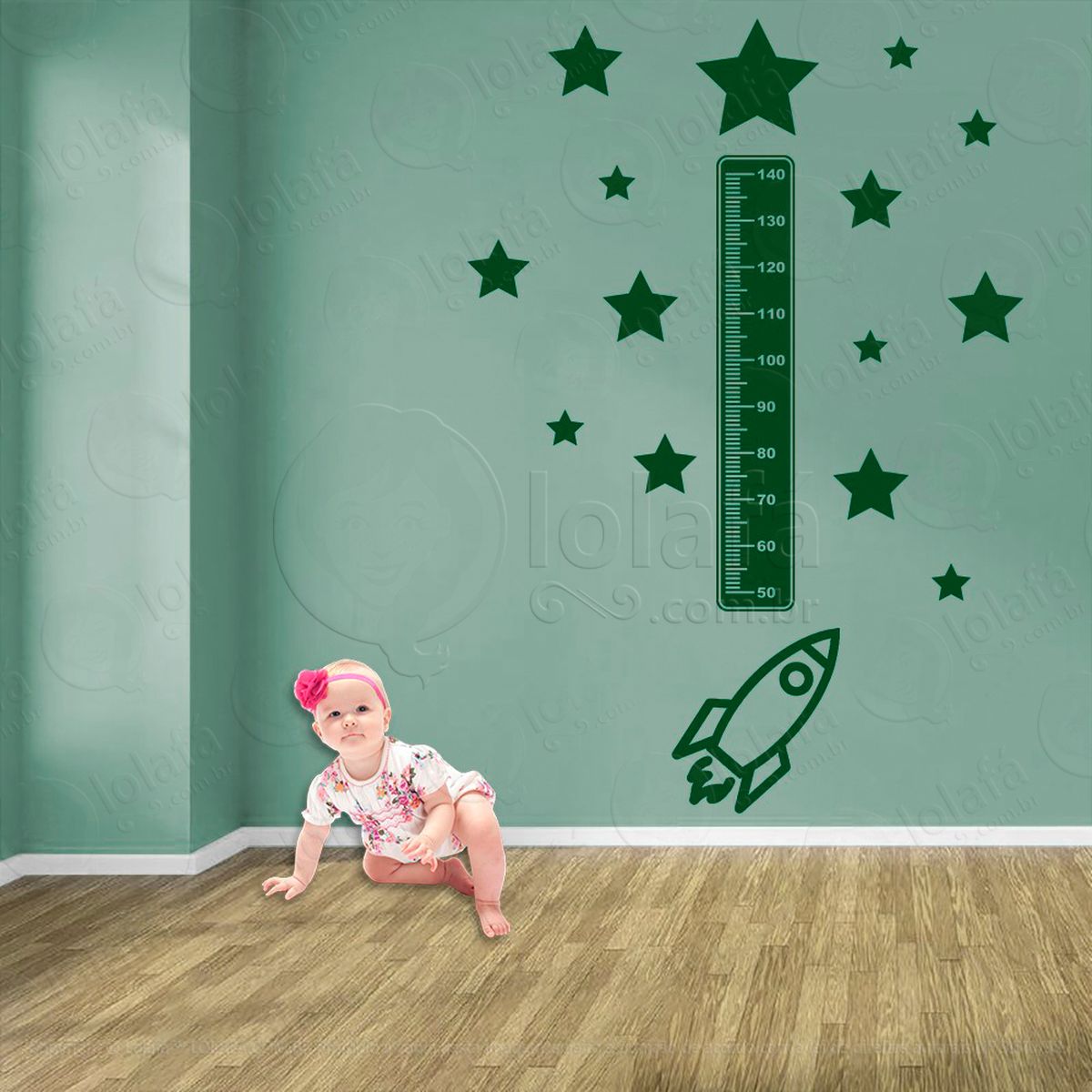 foguete e estrelas adesivo régua de crescimento infantil, medidor de altura para quarto, porta e parede - mod:1260