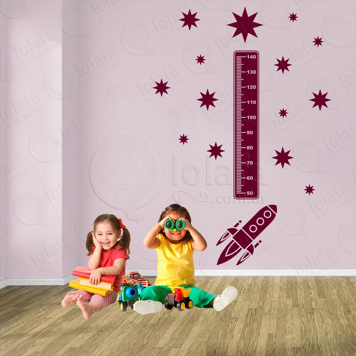foguete e estrelas adesivo régua de crescimento infantil, medidor de altura para quarto, porta e parede - mod:1262