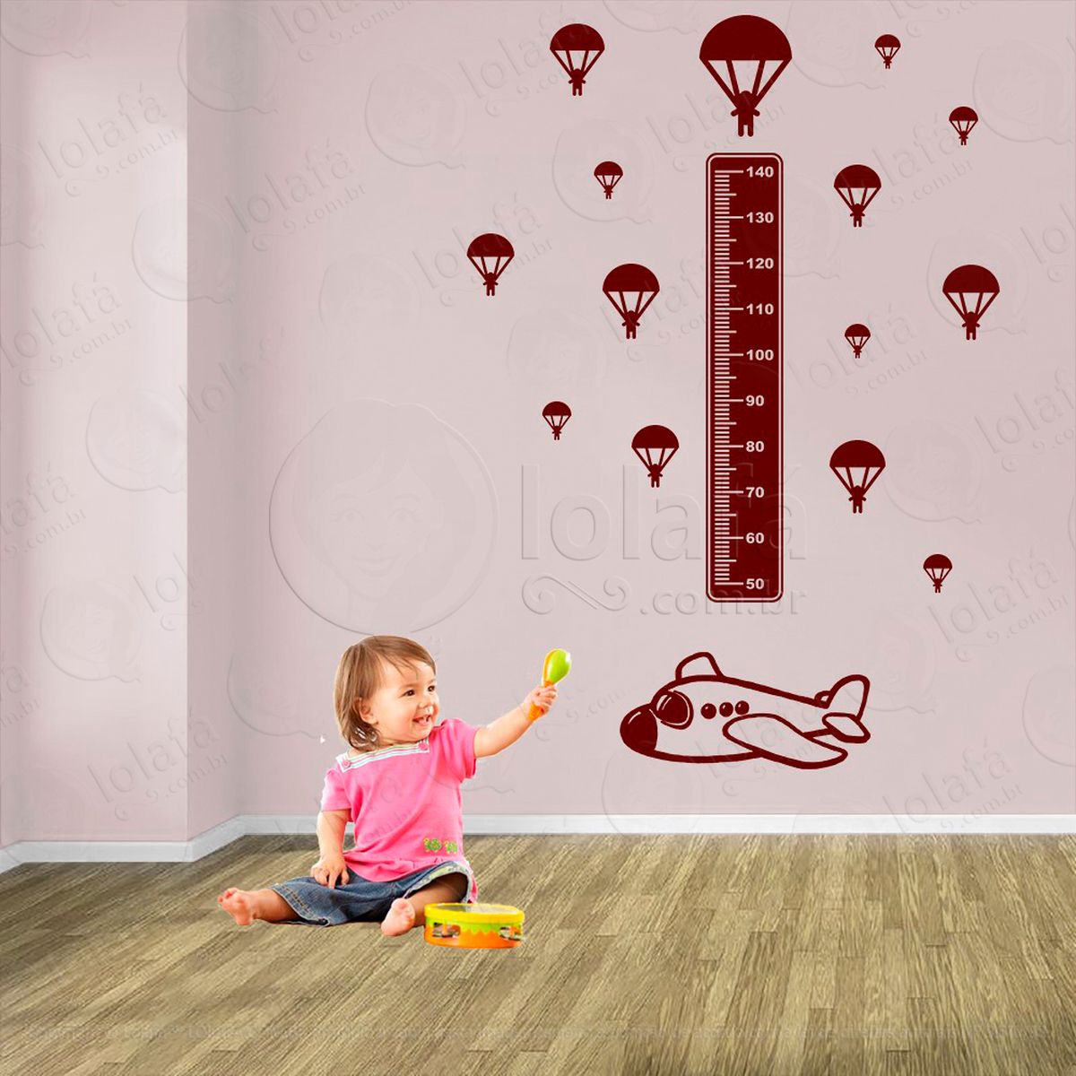 avião e paraquedas adesivo régua de crescimento infantil, medidor de altura para quarto, porta e parede - mod:1296