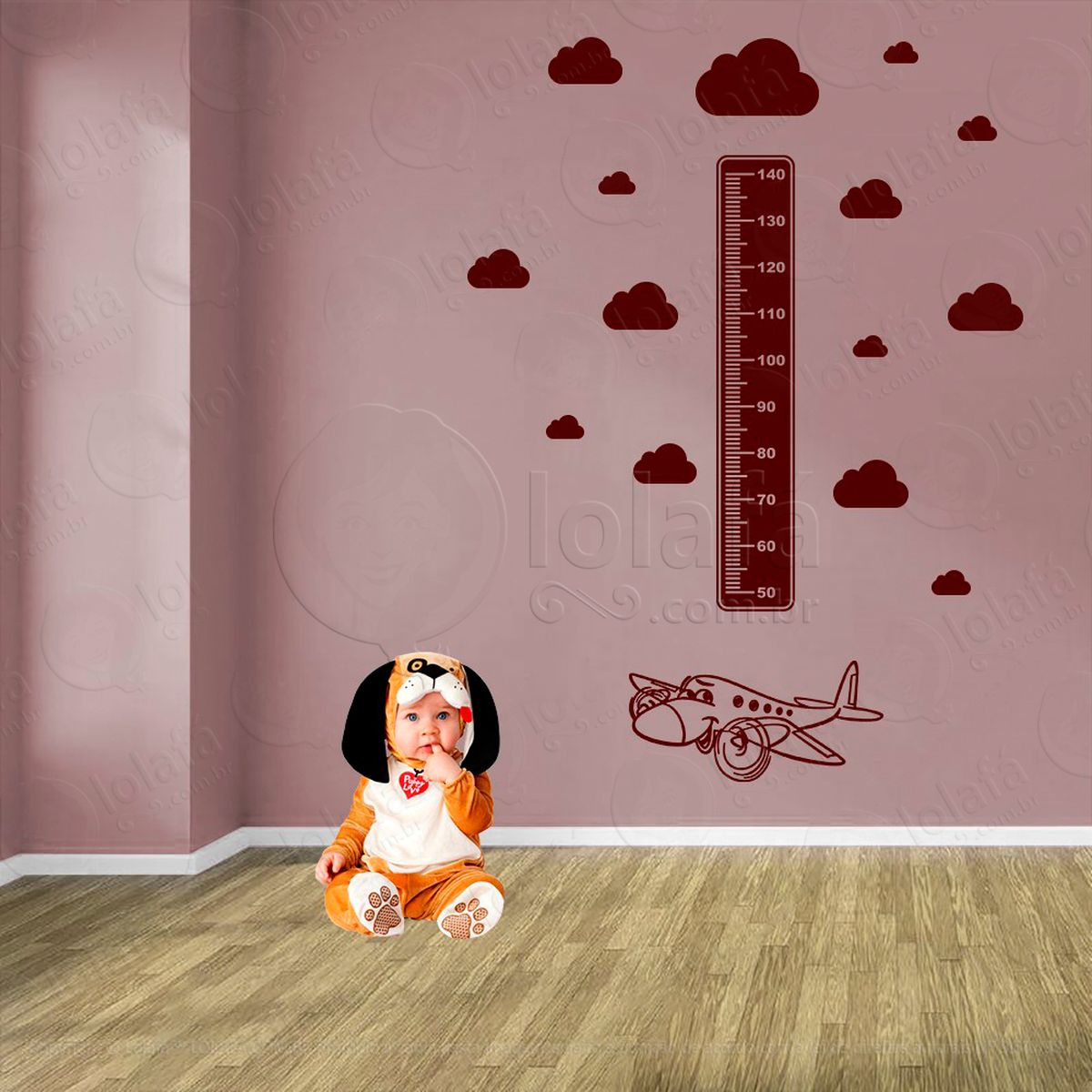 avião e nuvens adesivo régua de crescimento infantil, medidor de altura para quarto, porta e parede - mod:1298