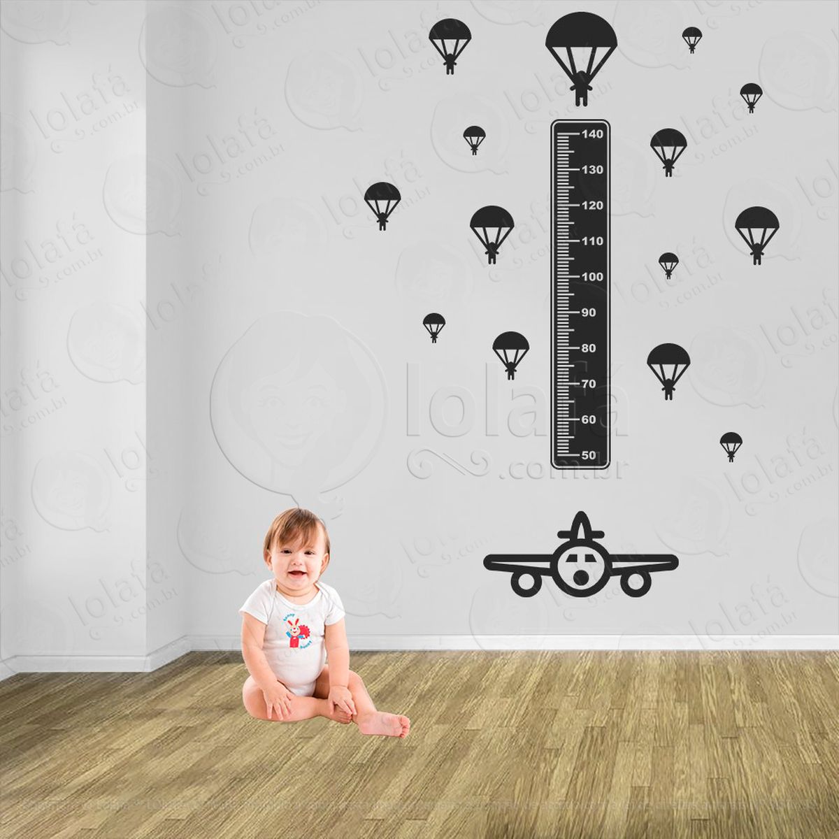 avião e paraquedas adesivo régua de crescimento infantil, medidor de altura para quarto, porta e parede - mod:1299
