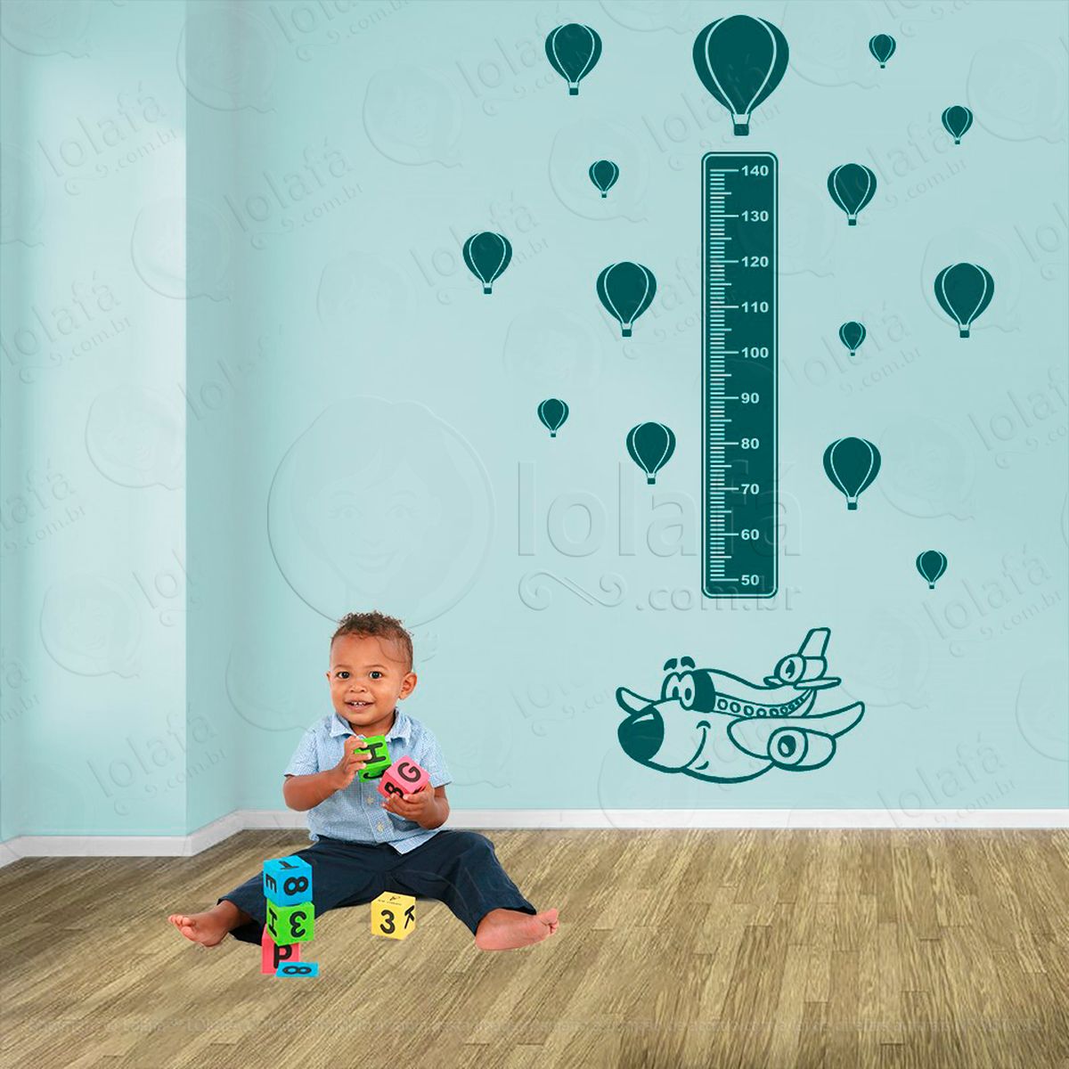 avião e balões adesivo régua de crescimento infantil, medidor de altura para quarto, porta e parede - mod:1300