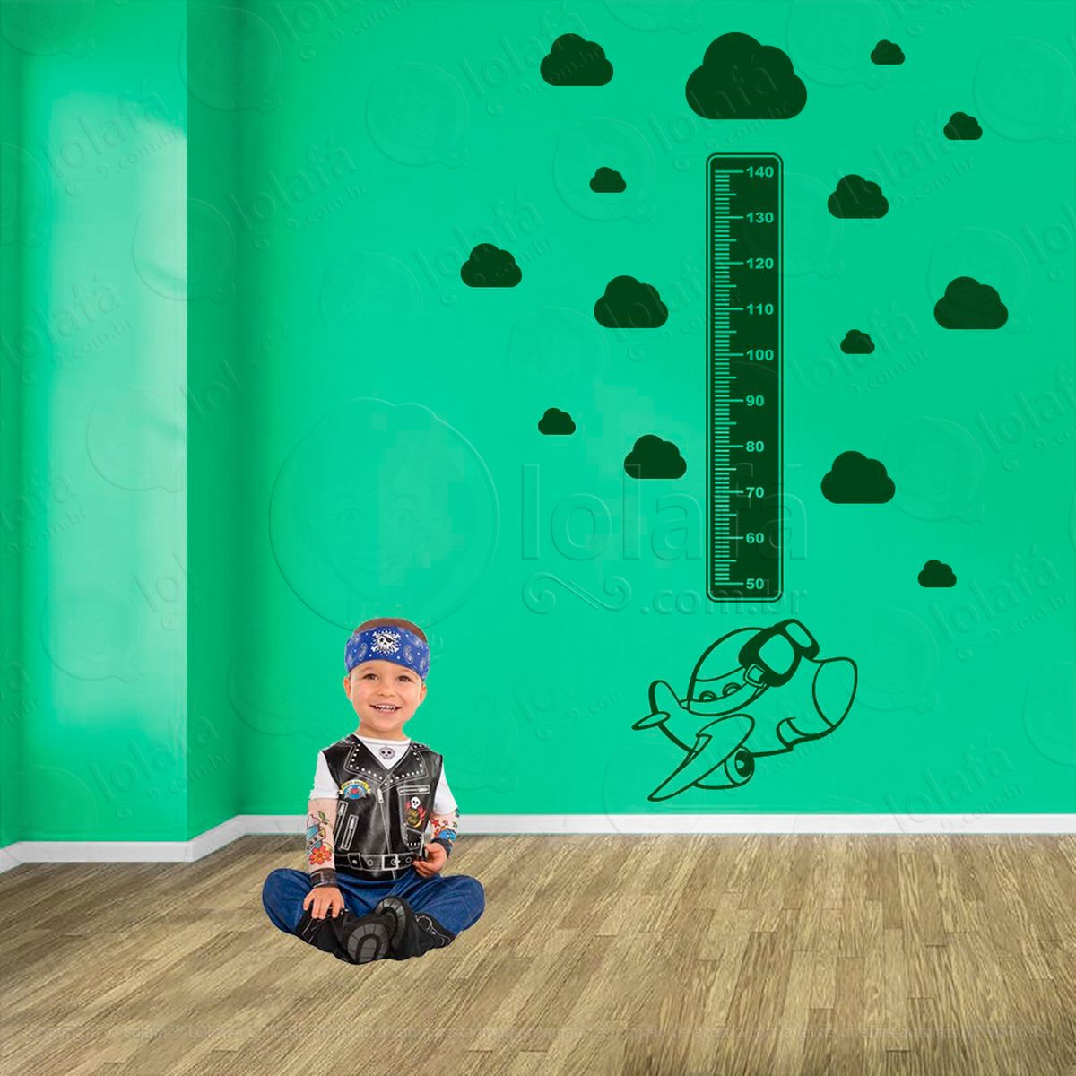 avião e nuvens adesivo régua de crescimento infantil, medidor de altura para quarto, porta e parede - mod:1301
