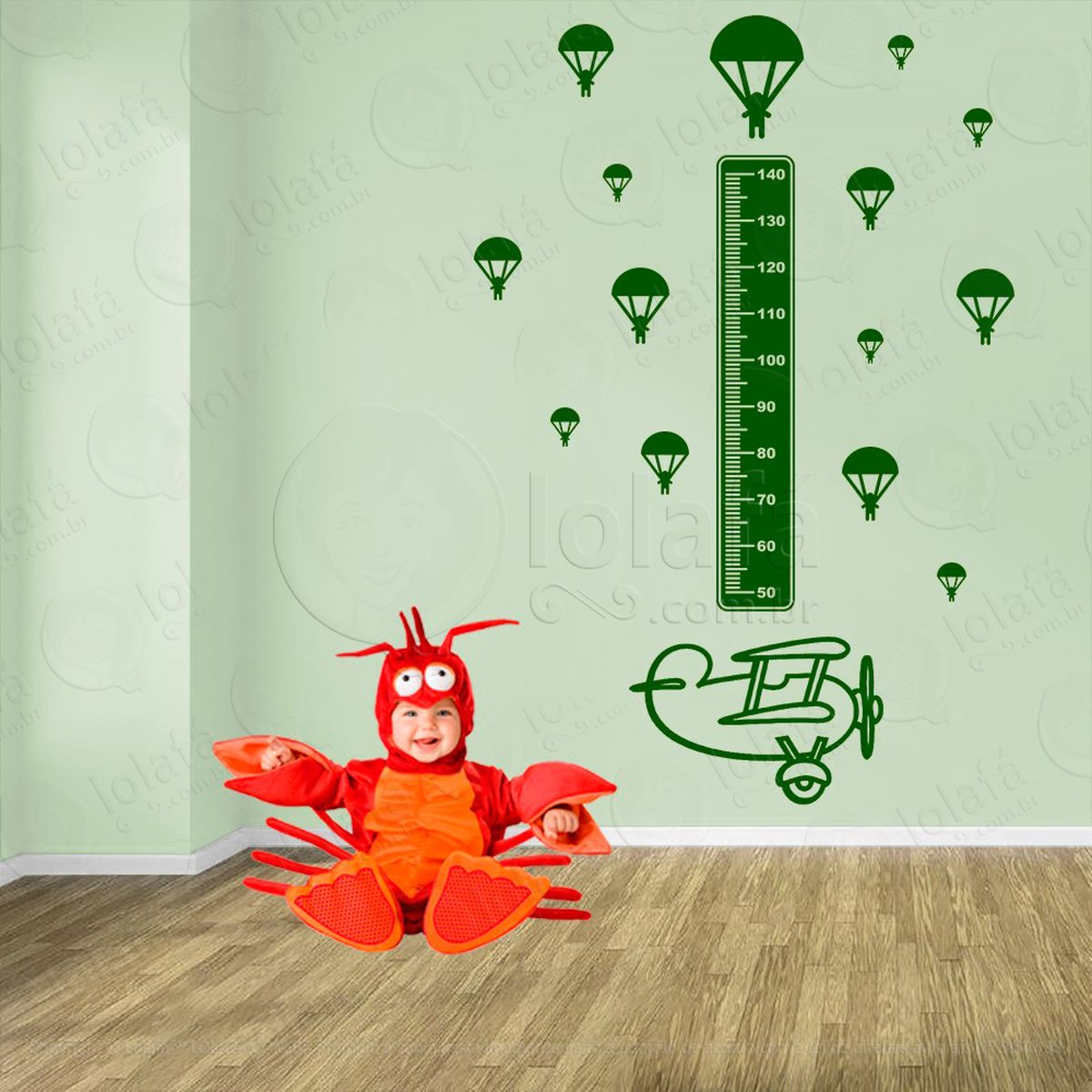 avião e paraquedas adesivo régua de crescimento infantil, medidor de altura para quarto, porta e parede - mod:1302