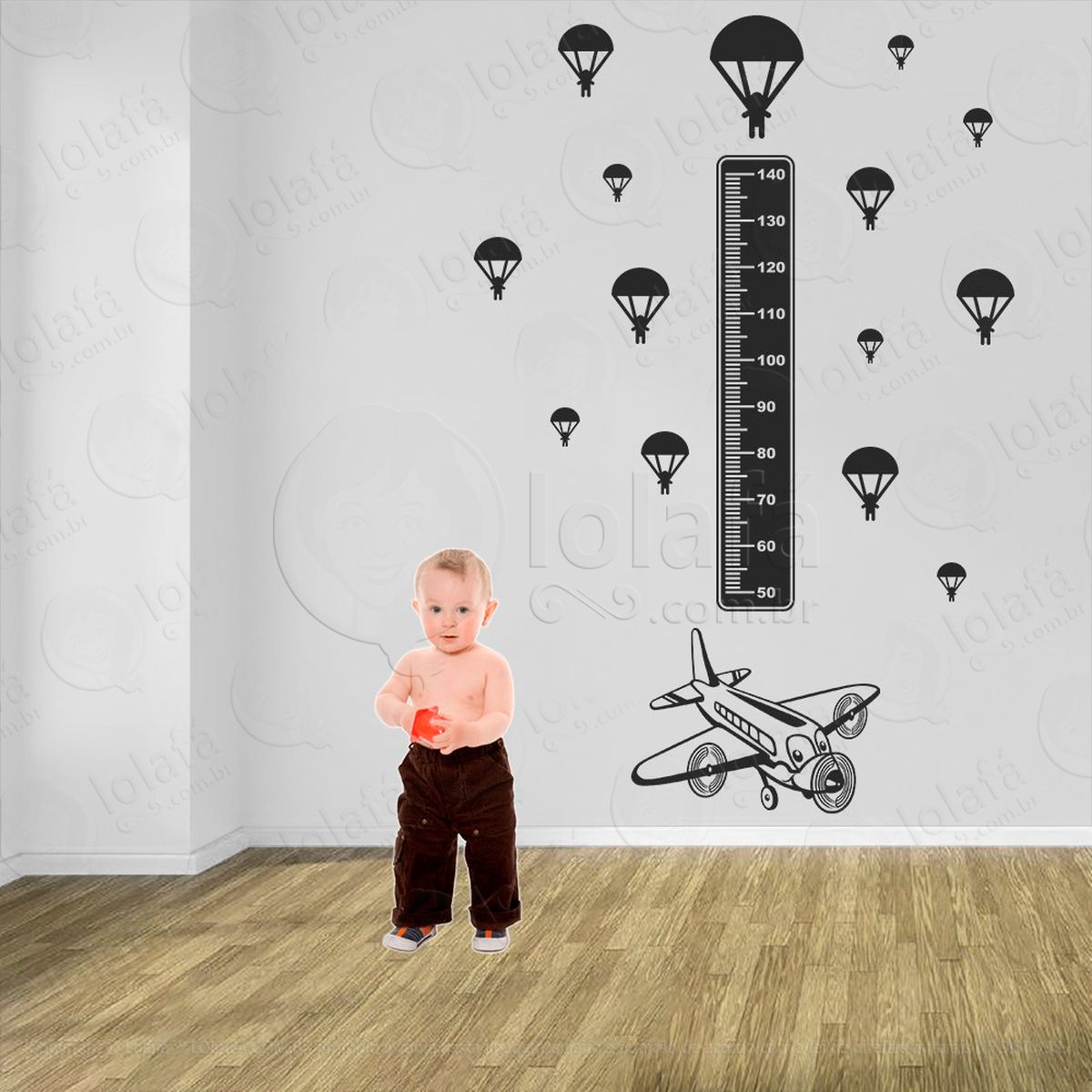 avião e paraquedas adesivo régua de crescimento infantil, medidor de altura para quarto, porta e parede - mod:1309
