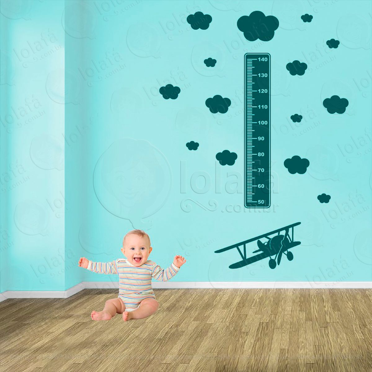 avião e nuvens adesivo régua de crescimento infantil, medidor de altura para quarto, porta e parede - mod:1311