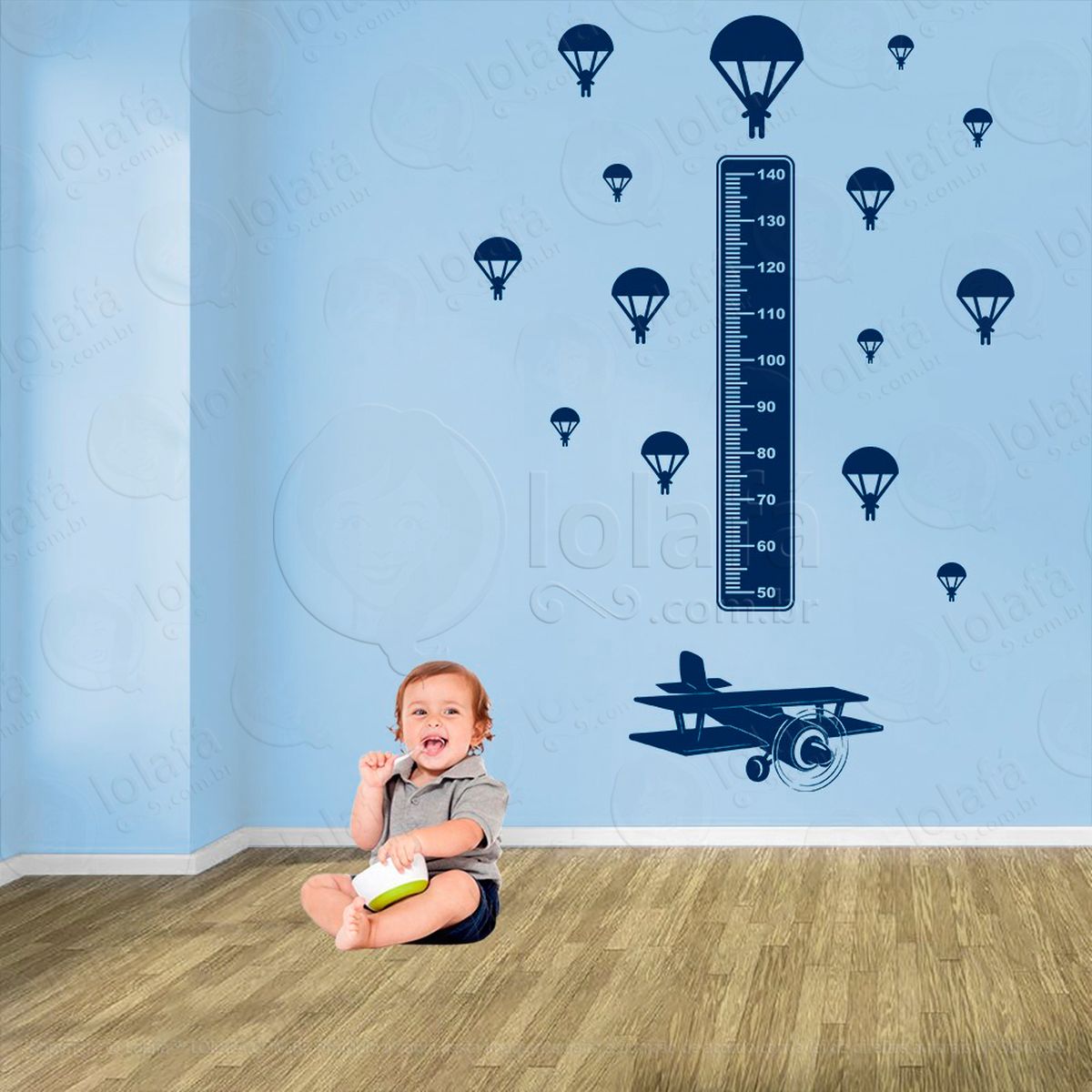 avião e paraquedas adesivo régua de crescimento infantil, medidor de altura para quarto, porta e parede - mod:1312