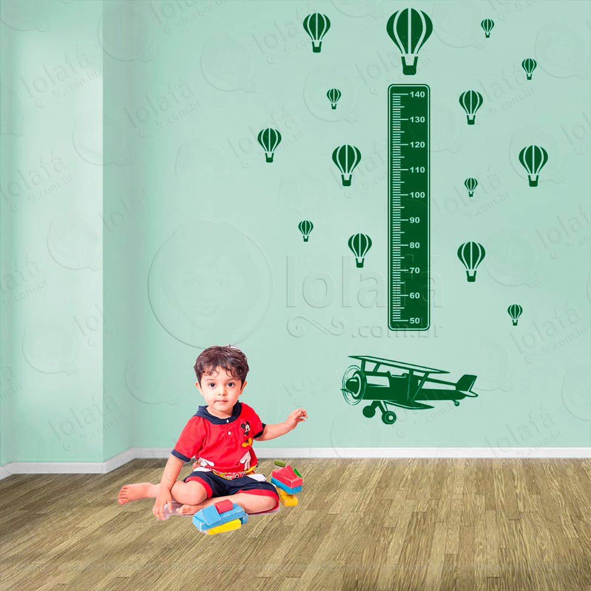 avião e balões adesivo régua de crescimento infantil, medidor de altura para quarto, porta e parede - mod:1313