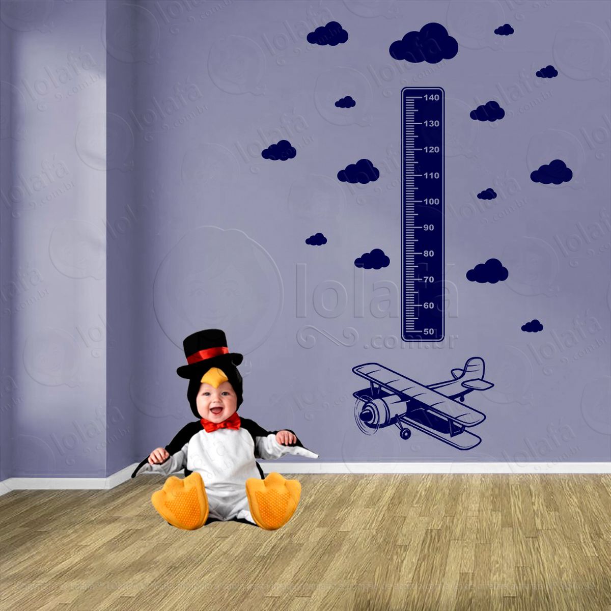 avião e nuvens adesivo régua de crescimento infantil, medidor de altura para quarto, porta e parede - mod:1314