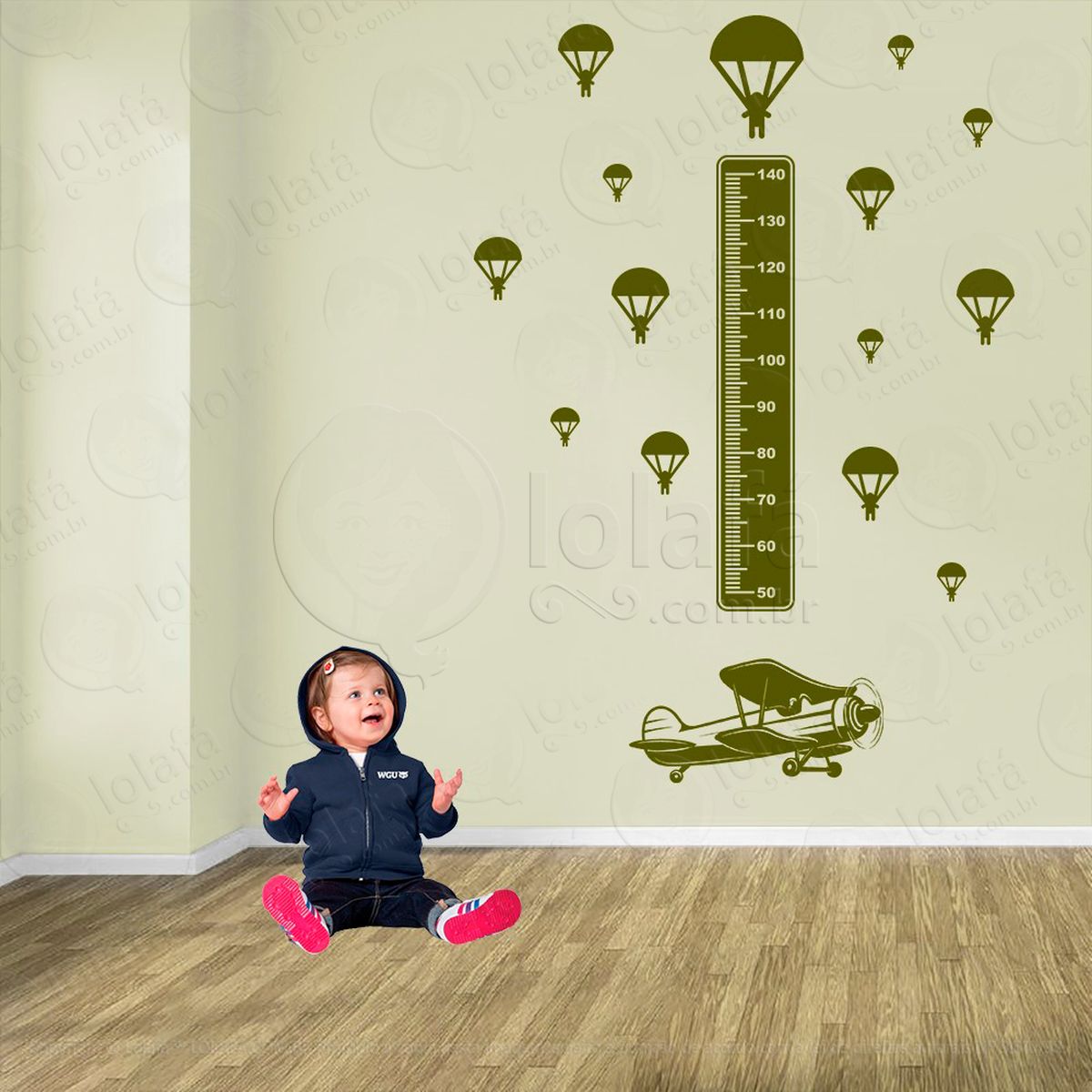 avião e paraquedas adesivo régua de crescimento infantil, medidor de altura para quarto, porta e parede - mod:1315