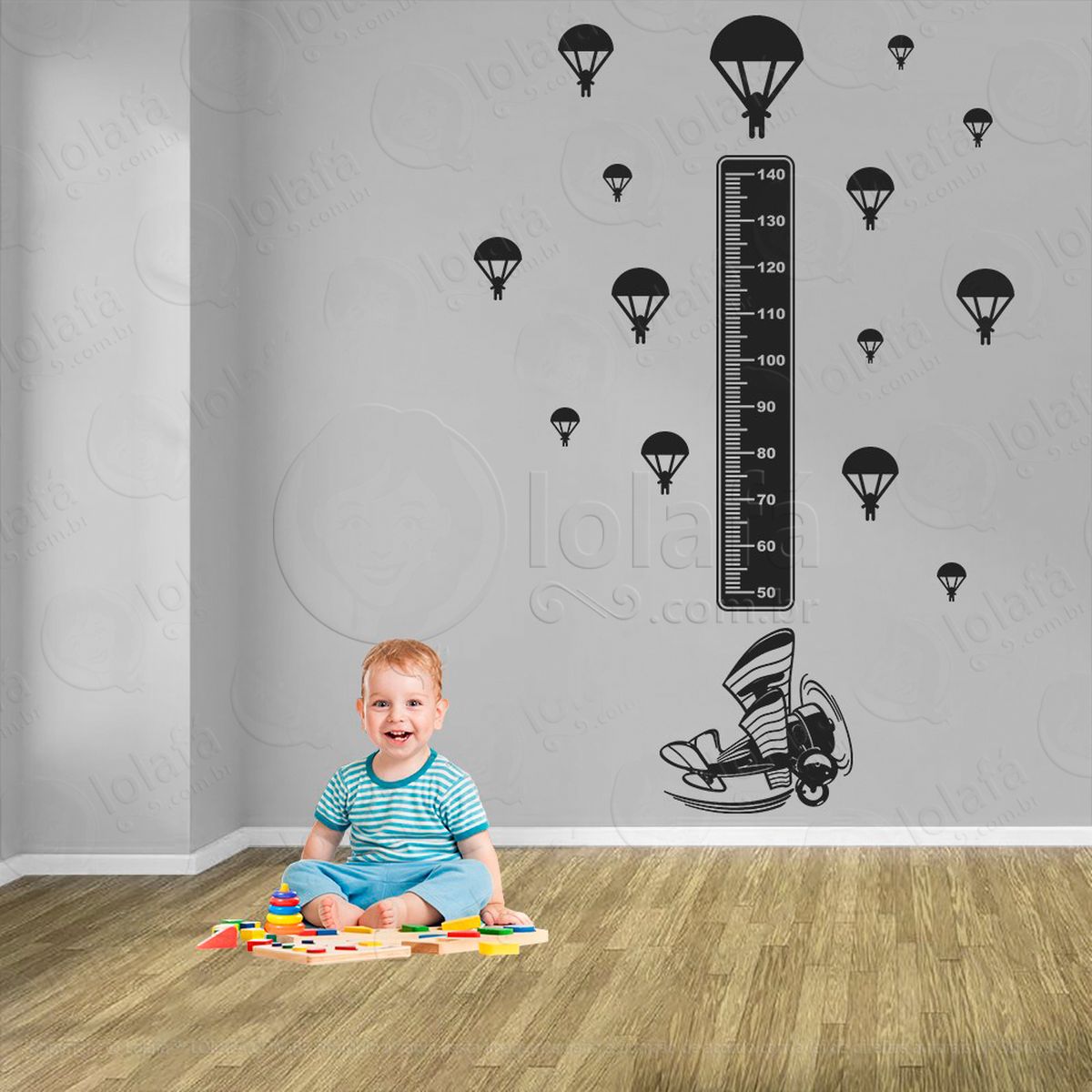 avião e paraquedas adesivo régua de crescimento infantil, medidor de altura para quarto, porta e parede - mod:1318