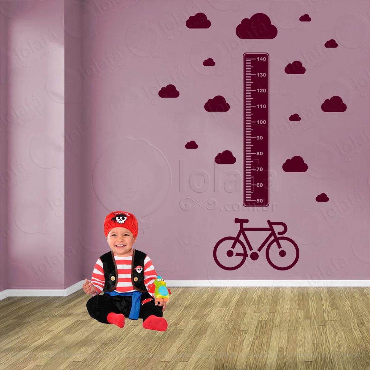 bicicleta e nuvens adesivo régua de crescimento infantil, medidor de altura para quarto, porta e parede - mod:1323