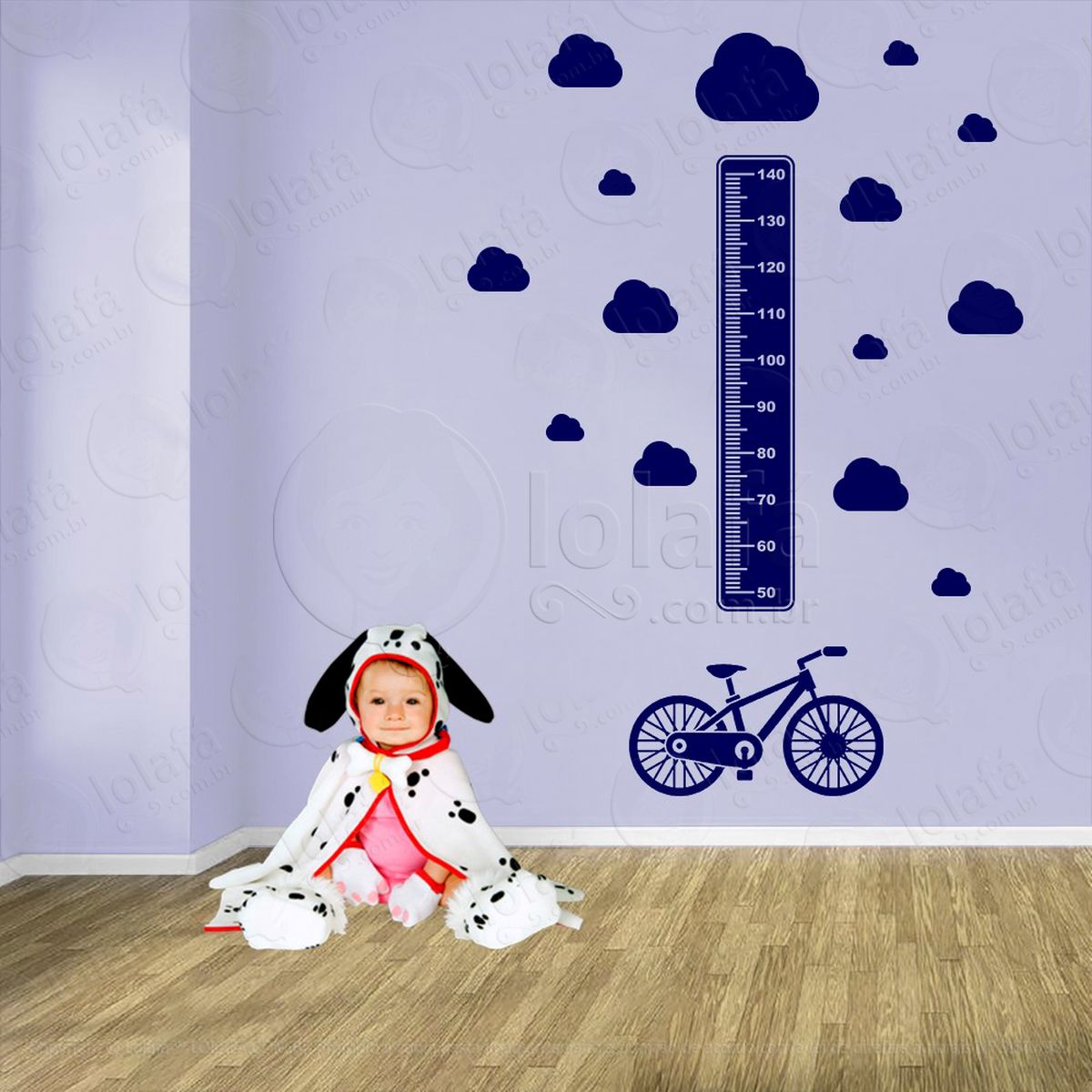 bicicleta e nuvens adesivo régua de crescimento infantil, medidor de altura para quarto, porta e parede - mod:1325