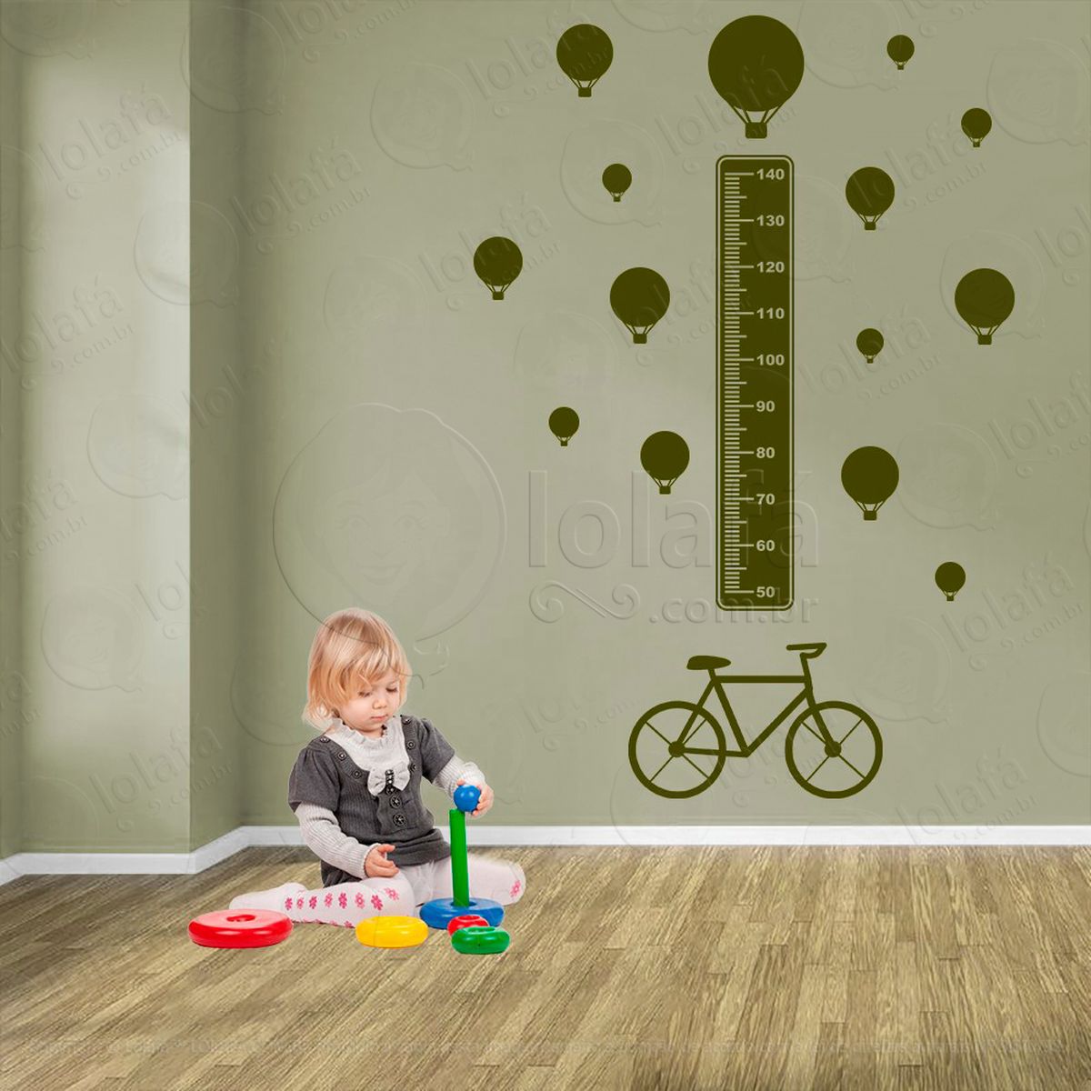 bicicleta e balões adesivo régua de crescimento infantil, medidor de altura para quarto, porta e parede - mod:1326