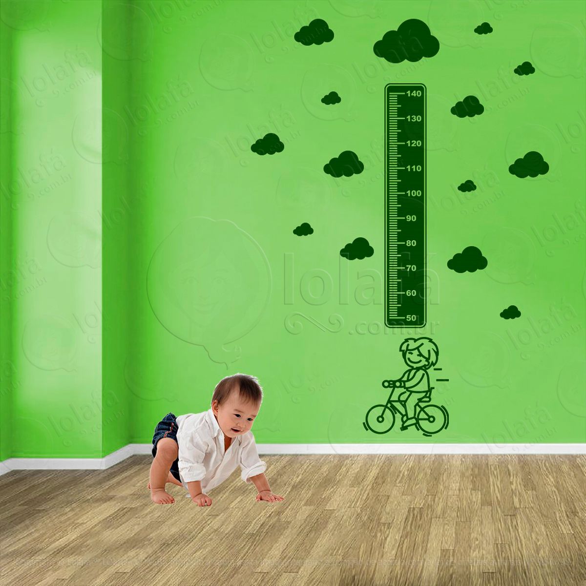 bicicleta e nuvens adesivo régua de crescimento infantil, medidor de altura para quarto, porta e parede - mod:1327