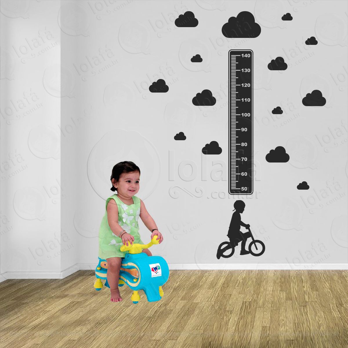 bicicleta e nuvens adesivo régua de crescimento infantil, medidor de altura para quarto, porta e parede - mod:1329