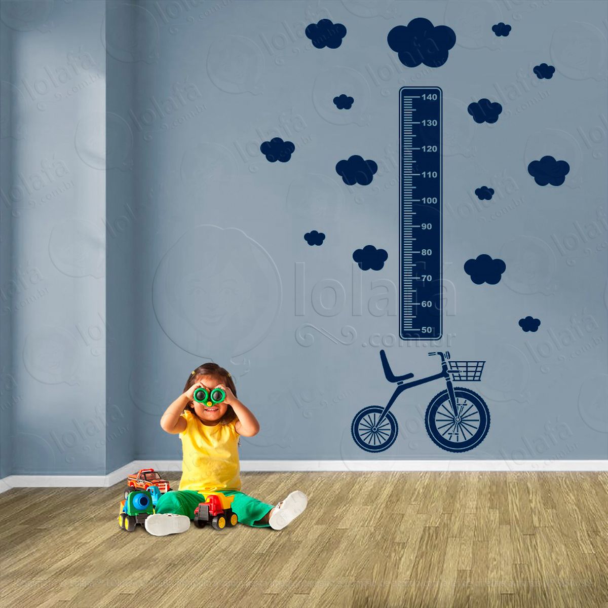 bicicleta e nuvens adesivo régua de crescimento infantil, medidor de altura para quarto, porta e parede - mod:1331